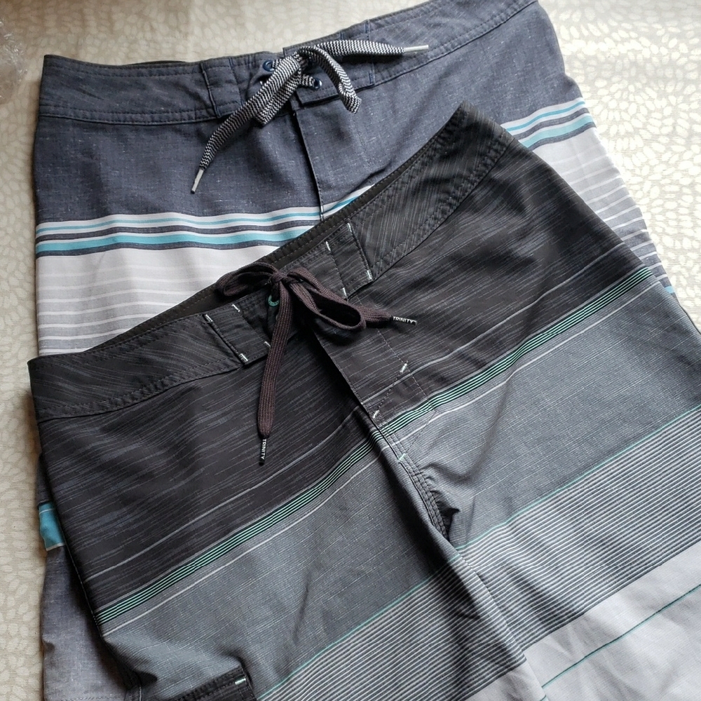 Gray and Black Striped Trinity Board Shorts Size 30, Two Pairs